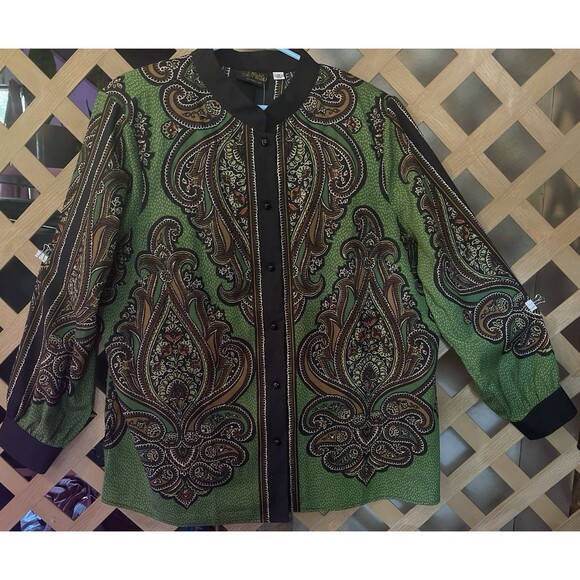 NWT BOB MACKIE Wearable Art Paisley Print Green Button up Tunic 1X - Picture 1 of 5
